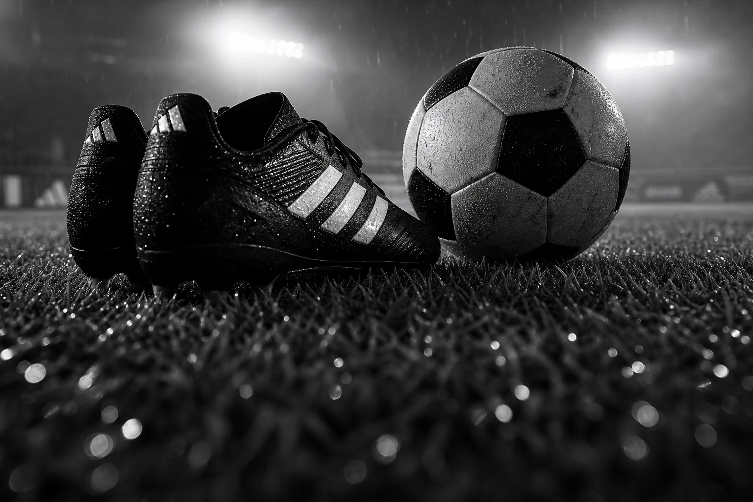 Boots and ball on rain-soaked turf